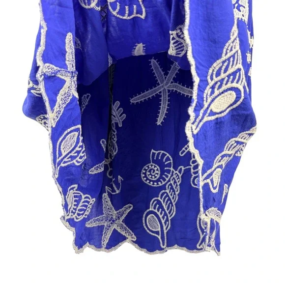 LAFFAIRE M Blue Nautical Sea Shell Starfish Embroidered Tiered Maxi Skirt Beach - Picture 5 of 10